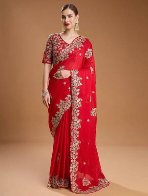 Red sequin embroidered rangoli silk bollywood saree with blouse 1