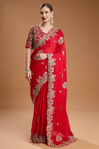 Red sequin embroidered rangoli silk bollywood saree with blouse