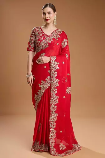 Red sequin embroidered rangoli silk bollywood saree with blouse