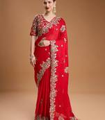 Red sequin embroidered rangoli silk bollywood saree with blouse