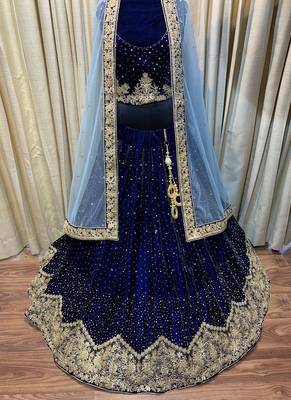 Pure Micro Velvet Wedding Wear Lehenga In Blue Color With Embroidery Work & Crystal Stone work 2