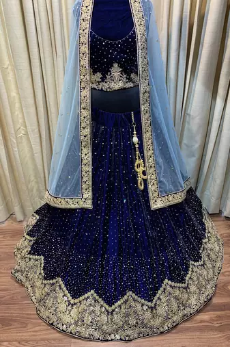 Pure Micro Velvet Wedding Wear Lehenga In Blue Color With Embroidery Work & Crystal Stone work
