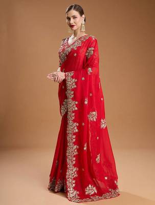 Red sequin embroidered rangoli silk bollywood saree with blouse 2