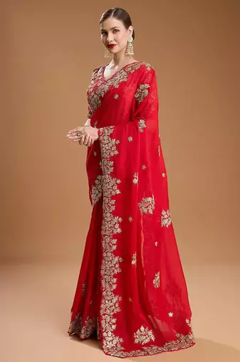 Red sequin embroidered rangoli silk bollywood saree with blouse