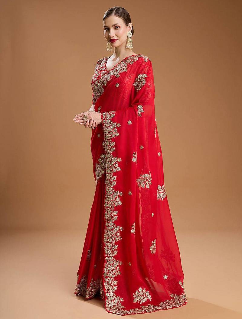 Red sequin embroidered rangoli silk bollywood saree with blouse