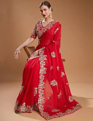Red sequin embroidered rangoli silk bollywood saree with blouse 3