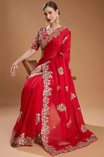 Red sequin embroidered rangoli silk bollywood saree with blouse