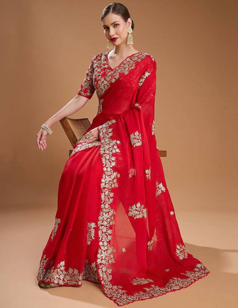Red sequin embroidered rangoli silk bollywood saree with blouse