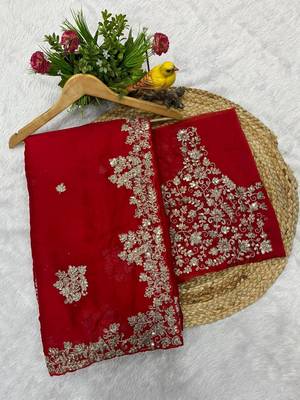 Red sequin embroidered rangoli silk bollywood saree with blouse 4