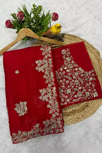 Red sequin embroidered rangoli silk bollywood saree with blouse