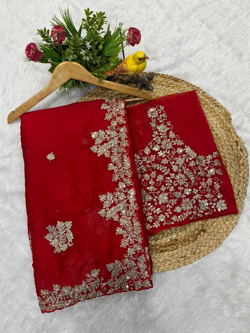 Red sequin embroidered rangoli silk bollywood saree with blouse