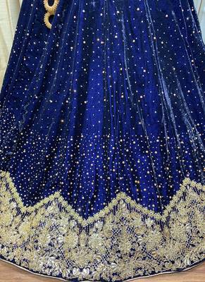 Pure Micro Velvet Wedding Wear Lehenga In Blue Color With Embroidery Work & Crystal Stone work 4