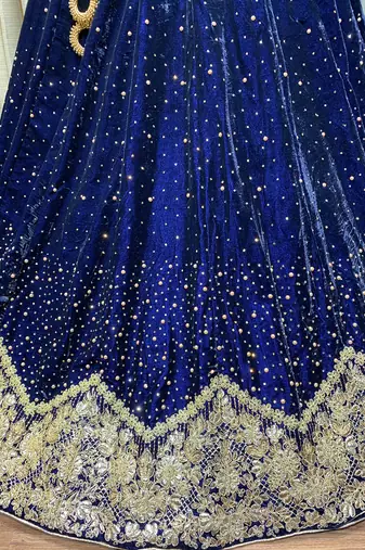 Pure Micro Velvet Wedding Wear Lehenga In Blue Color With Embroidery Work & Crystal Stone work