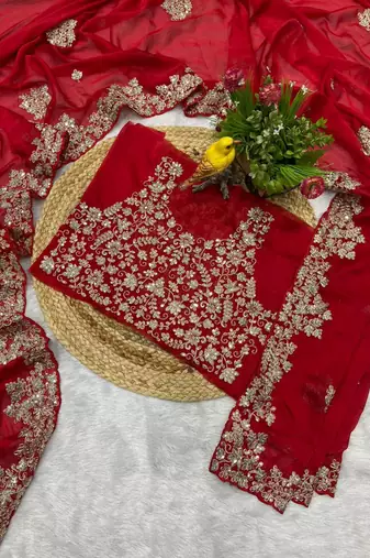 Red sequin embroidered rangoli silk bollywood saree with blouse