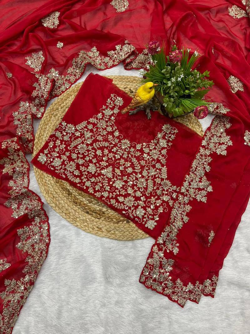 Red sequin embroidered rangoli silk bollywood saree with blouse