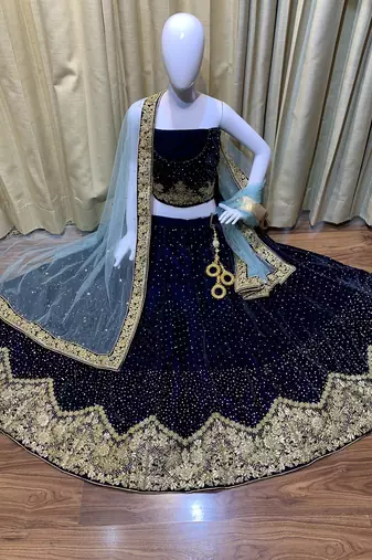Pure Micro Velvet Wedding Wear Lehenga In Blue Color With Embroidery Work & Crystal Stone work