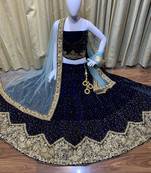Pure Micro Velvet Wedding Wear Lehenga In Blue Color With Embroidery Work & Crystal Stone work
