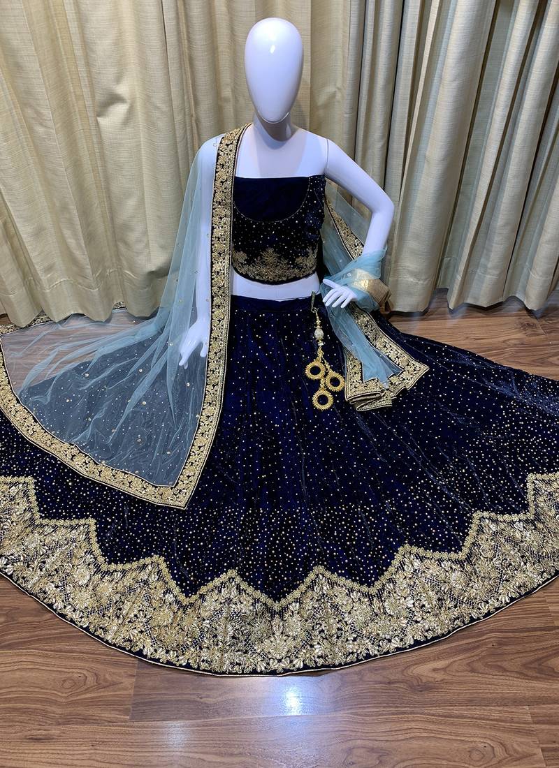 Pure Micro Velvet Wedding Wear Lehenga In Blue Color With Embroidery Work & Crystal Stone work