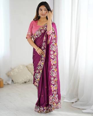 purple embroidered thread work cut work noha crush saree with blouse 1