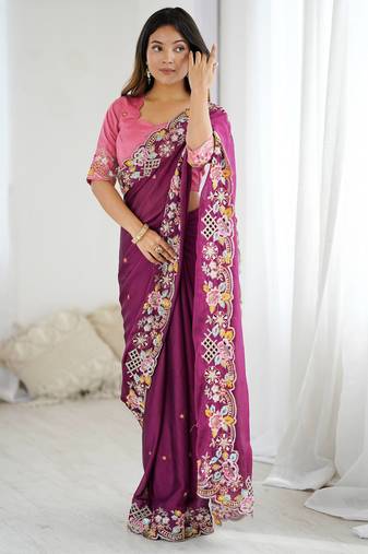 purple embroidered thread work cut work noha crush saree with blouse