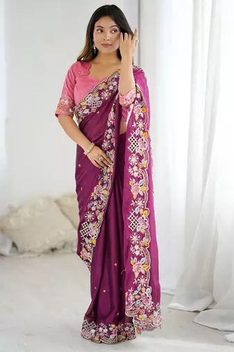 purple embroidered thread work cut work noha crush saree with blouse