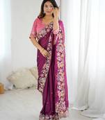 purple embroidered thread work cut work noha crush saree with blouse