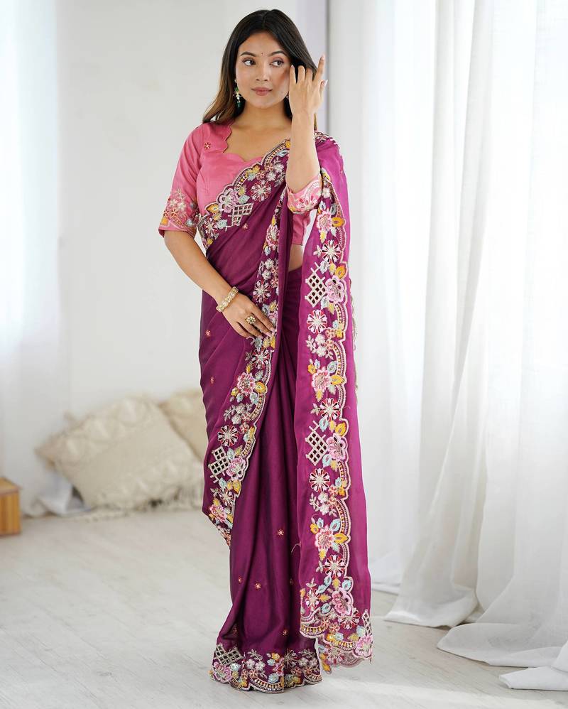 purple embroidered thread work cut work noha crush saree with blouse