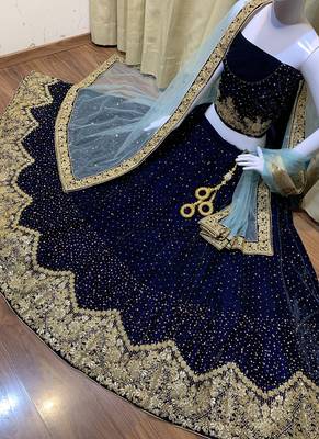 Pure Micro Velvet Wedding Wear Lehenga In Blue Color With Embroidery Work & Crystal Stone work 2