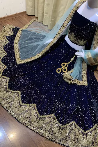 Pure Micro Velvet Wedding Wear Lehenga In Blue Color With Embroidery Work & Crystal Stone work