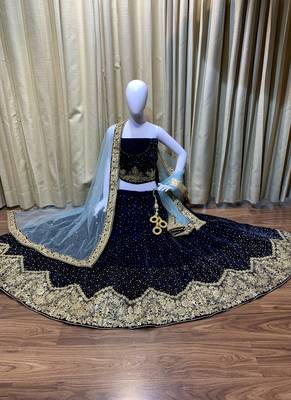 Pure Micro Velvet Wedding Wear Lehenga In Blue Color With Embroidery Work & Crystal Stone work 3