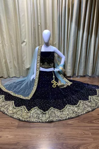 Pure Micro Velvet Wedding Wear Lehenga In Blue Color With Embroidery Work & Crystal Stone work
