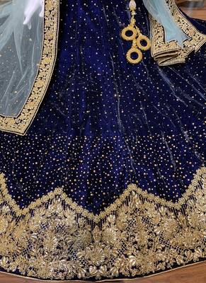 Pure Micro Velvet Wedding Wear Lehenga In Blue Color With Embroidery Work & Crystal Stone work 4