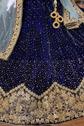 Pure Micro Velvet Wedding Wear Lehenga In Blue Color With Embroidery Work & Crystal Stone work