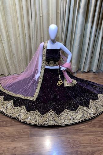 Pure Micro Velvet Wedding Wear Lehenga In Purple Color With Embroidery Work & Crystal Stone work