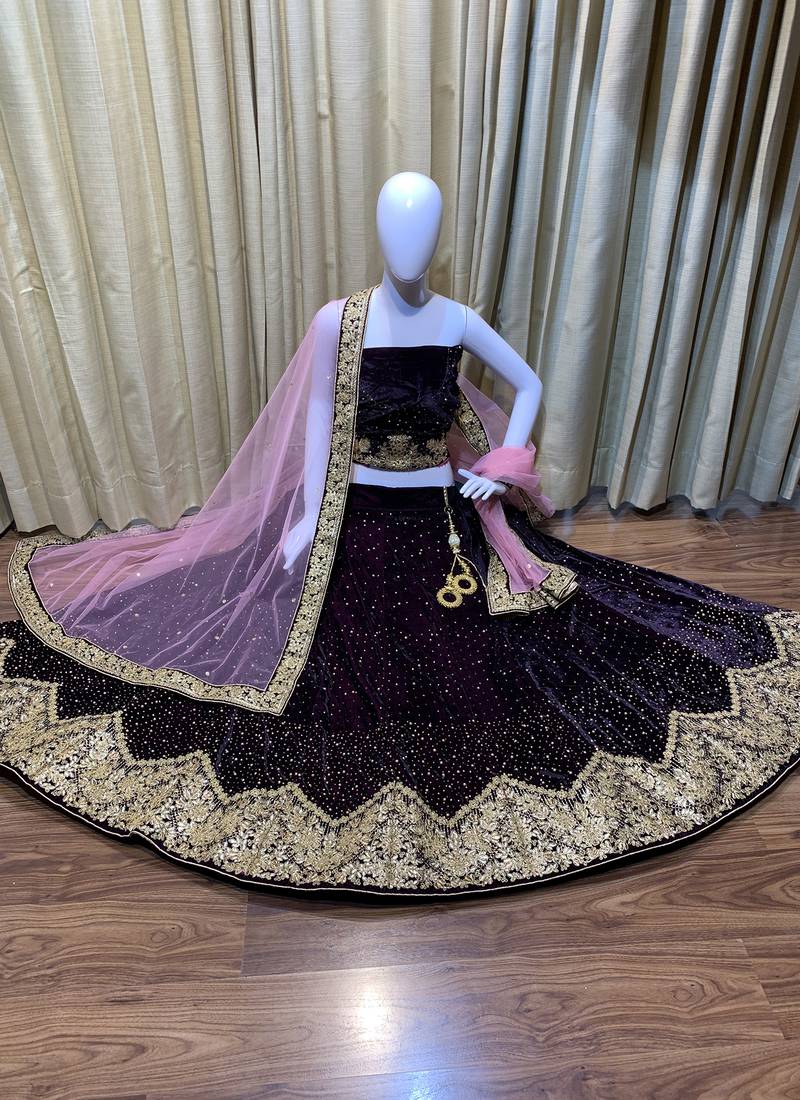 Pure Micro Velvet Wedding Wear Lehenga In Purple Color With Embroidery Work & Crystal Stone work