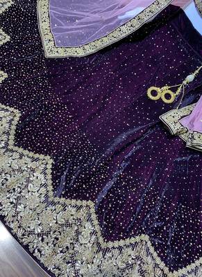 Pure Micro Velvet Wedding Wear Lehenga In Purple Color With Embroidery Work & Crystal Stone work 2