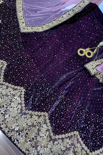 Pure Micro Velvet Wedding Wear Lehenga In Purple Color With Embroidery Work & Crystal Stone work