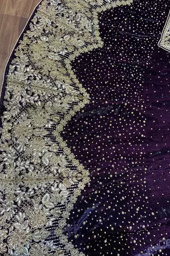 Pure Micro Velvet Wedding Wear Lehenga In Purple Color With Embroidery Work & Crystal Stone work