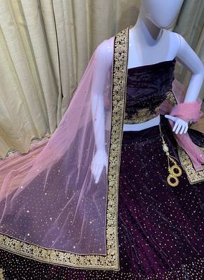 Pure Micro Velvet Wedding Wear Lehenga In Purple Color With Embroidery Work & Crystal Stone work 4