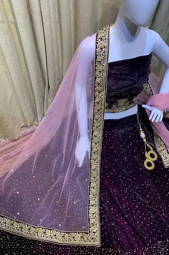 Pure Micro Velvet Wedding Wear Lehenga In Purple Color With Embroidery Work & Crystal Stone work