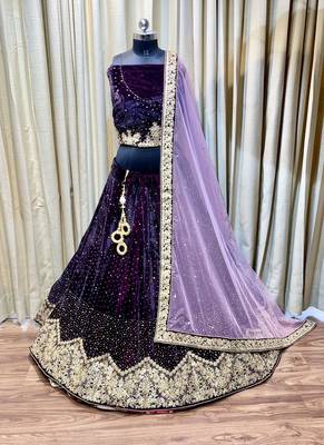 Pure Micro Velvet Wedding Wear Lehenga In Purple Color With Embroidery Work & Crystal Stone work 1