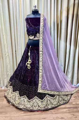 Pure Micro Velvet Wedding Wear Lehenga In Purple Color With Embroidery Work & Crystal Stone work
