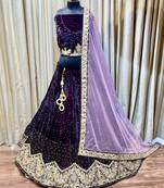 Pure Micro Velvet Wedding Wear Lehenga In Purple Color With Embroidery Work & Crystal Stone work