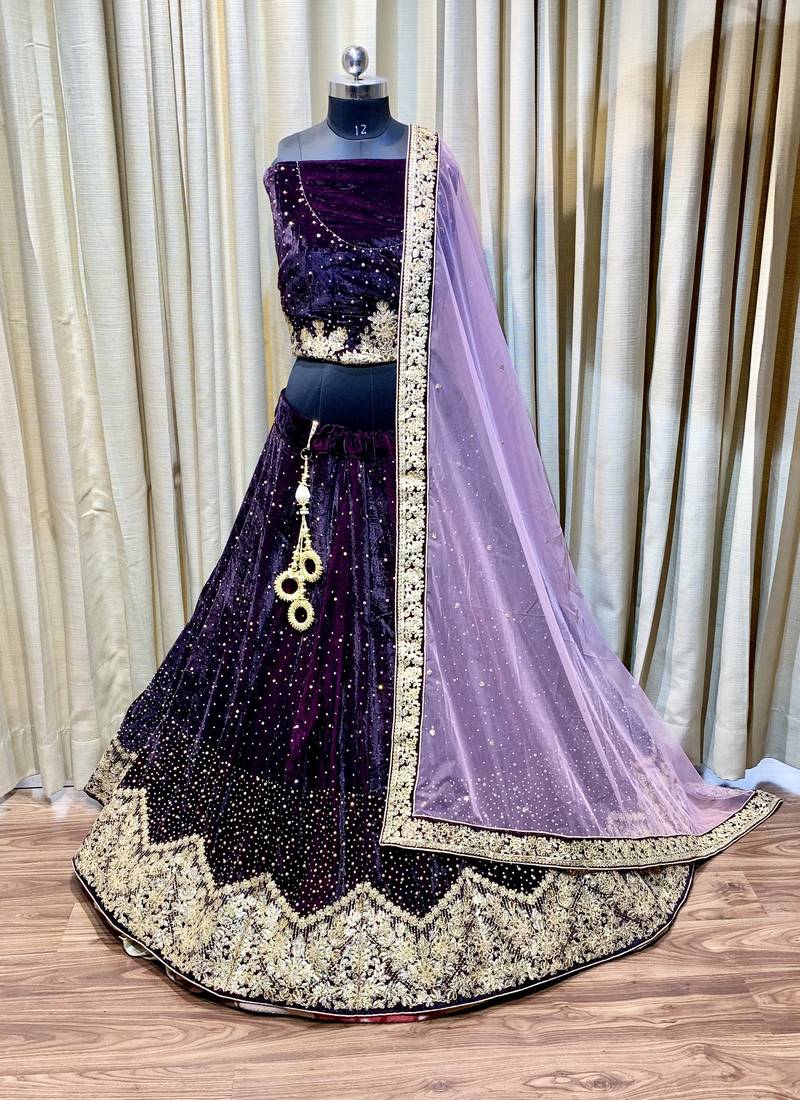 Pure Micro Velvet Wedding Wear Lehenga In Purple Color With Embroidery Work & Crystal Stone work