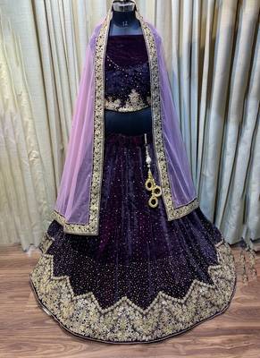 Pure Micro Velvet Wedding Wear Lehenga In Purple Color With Embroidery Work & Crystal Stone work 2