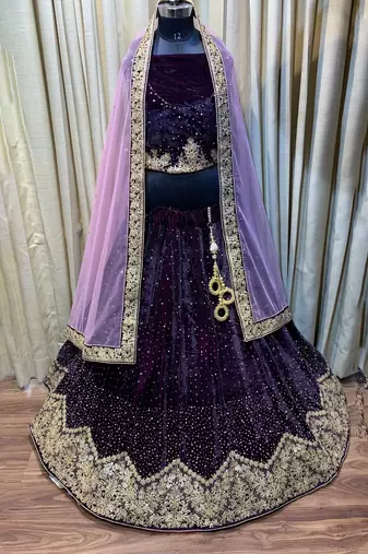 Pure Micro Velvet Wedding Wear Lehenga In Purple Color With Embroidery Work & Crystal Stone work