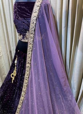 Pure Micro Velvet Wedding Wear Lehenga In Purple Color With Embroidery Work & Crystal Stone work 3