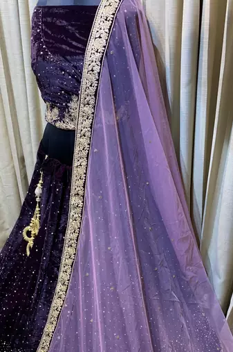 Pure Micro Velvet Wedding Wear Lehenga In Purple Color With Embroidery Work & Crystal Stone work