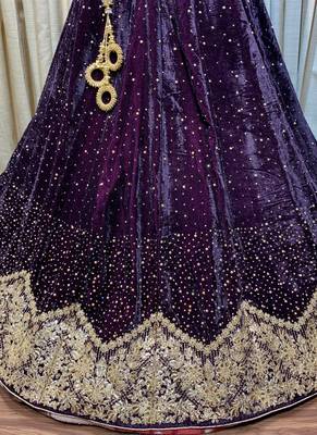Pure Micro Velvet Wedding Wear Lehenga In Purple Color With Embroidery Work & Crystal Stone work 4