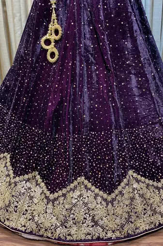 Pure Micro Velvet Wedding Wear Lehenga In Purple Color With Embroidery Work & Crystal Stone work